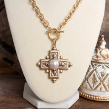 Load image into Gallery viewer, Decorative Cross Necklace Worn Gold Tone Front Toggle and Pearl