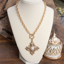 Load image into Gallery viewer, Decorative Cross Necklace Worn Gold Tone Front Toggle and Pearl