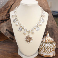 Load image into Gallery viewer, Boho Coin and Pearl Charms Statement Necklace – Silver Tone
