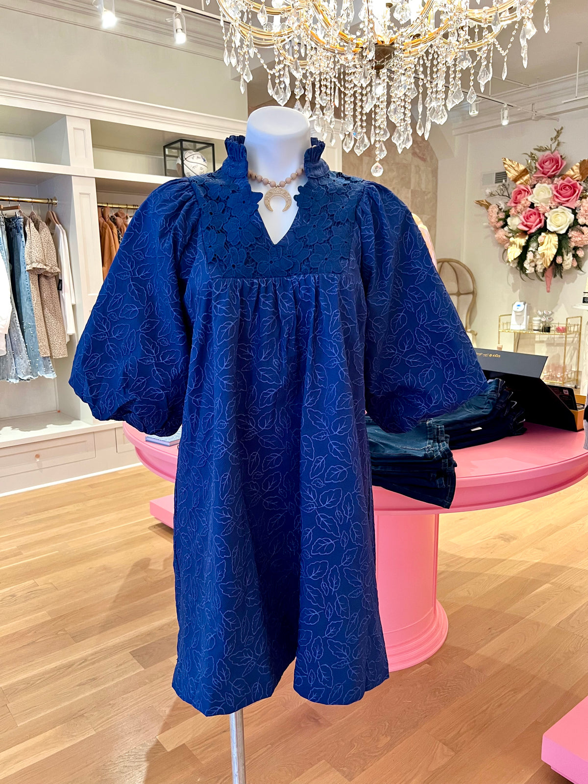 Navy Floral High Neck Puff Sleeve Dress