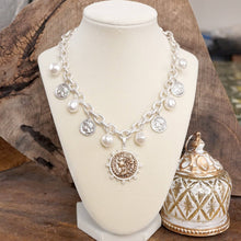 Load image into Gallery viewer, Boho Coin and Pearl Charms Statement Necklace – Silver Tone