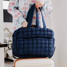 Load image into Gallery viewer, Navy Quilted Weekend Duffel Bag w/ Pass-Thru Slip