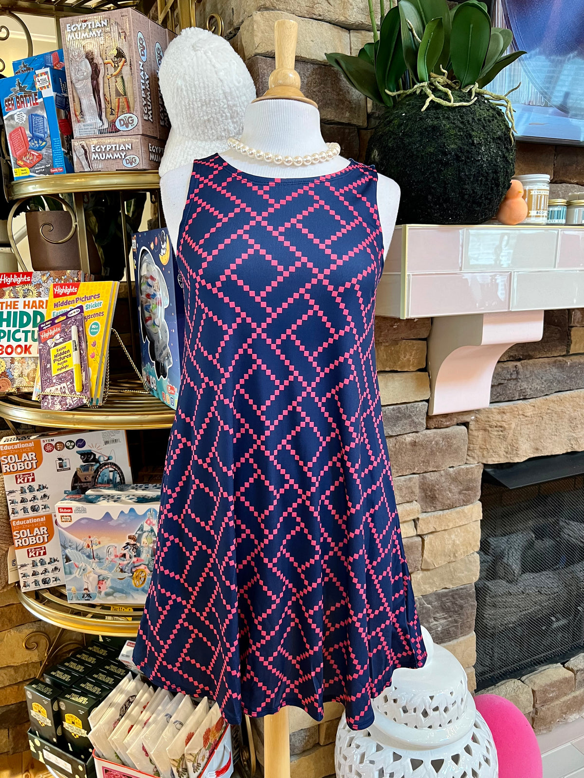Navy & Pink Diamond Print Dress
