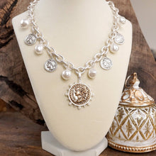Load image into Gallery viewer, Boho Coin and Pearl Charms Statement Necklace – Silver Tone