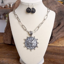 Load image into Gallery viewer, Equestrian Western Horse Coin Statement Necklace Set – Worn Silver Tone