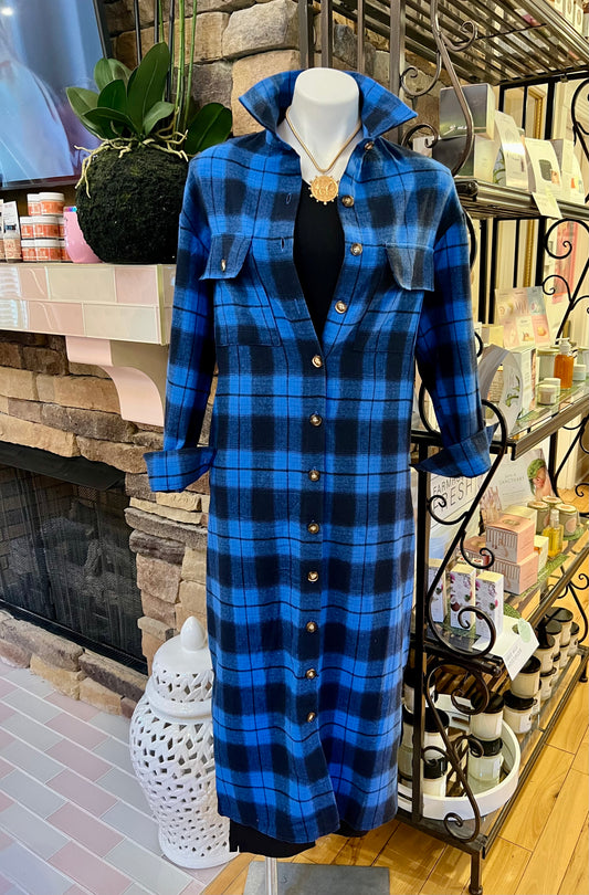 Blue & Black Plaid Long Lightweight Jacket