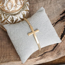 Load image into Gallery viewer, Minimal Cross Stretchy Bracelet in Worn Gold tone with Ball Beads