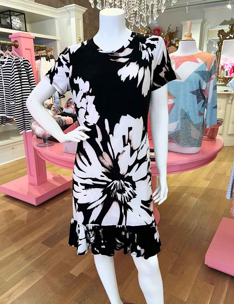 Black & Pink Floral Flounce Dress