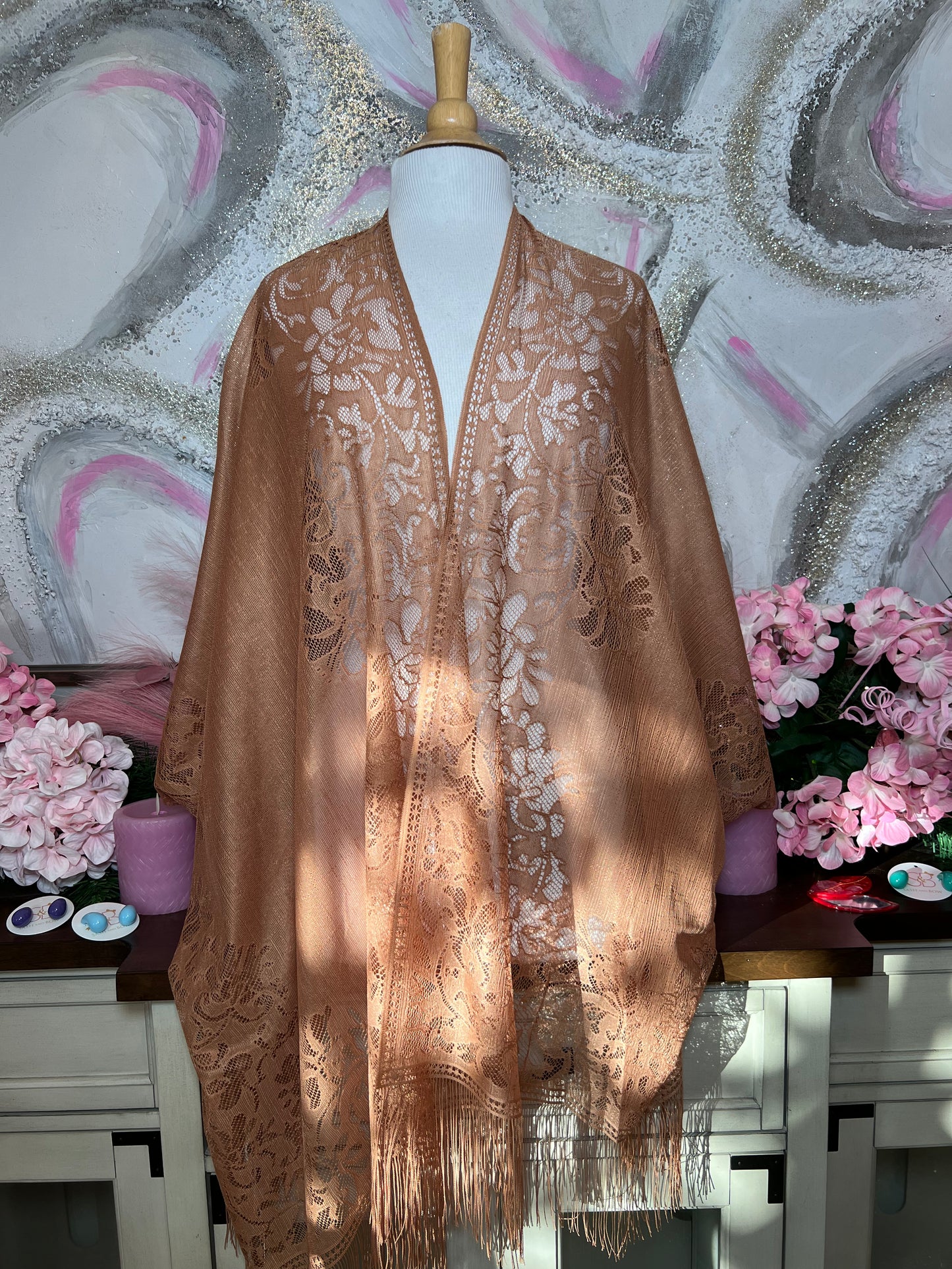 Taupe Lace & Fringe Kimono