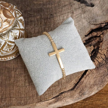 Load image into Gallery viewer, Minimal Cross Stretchy Bracelet in Worn Gold tone with Ball Beads