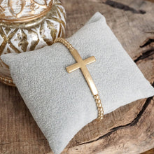 Load image into Gallery viewer, Minimal Cross Stretchy Bracelet in Worn Gold tone with Ball Beads