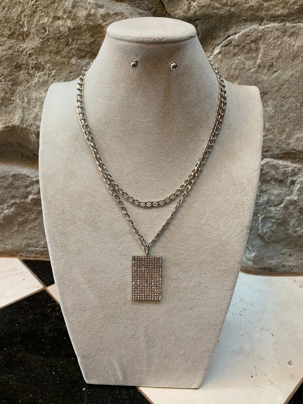 Rhinestone Square Layered Necklace Set