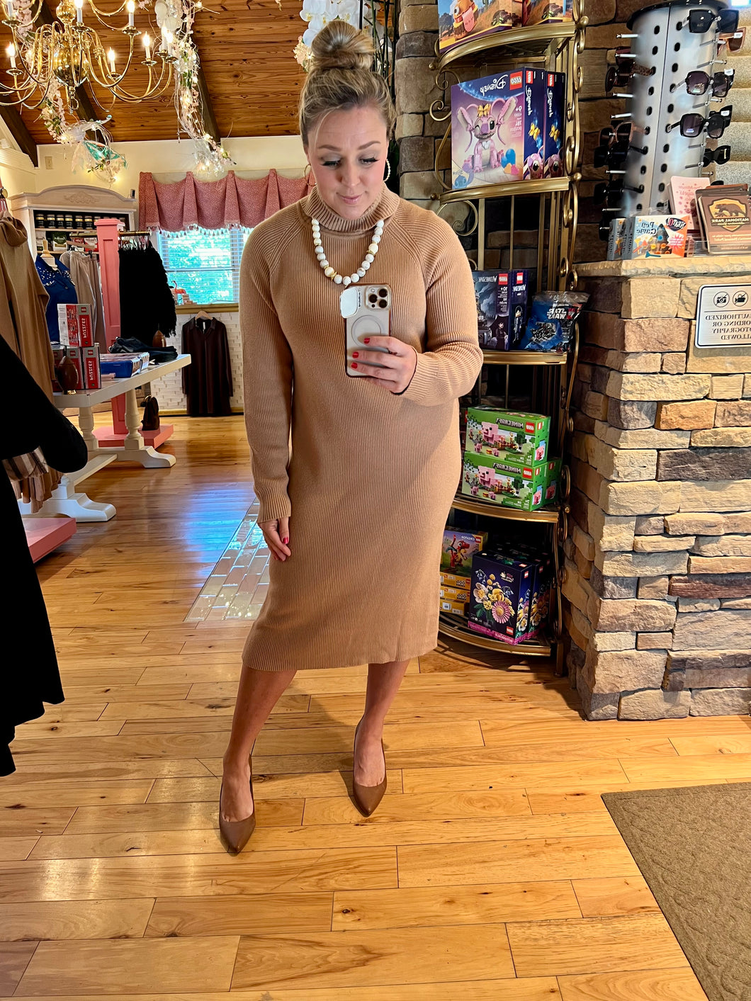 Camel Turtle Neck Sweater Dress