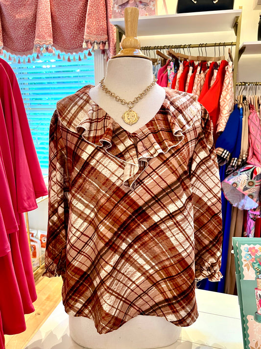 Brown Plaid Ruffle Sleeve Top