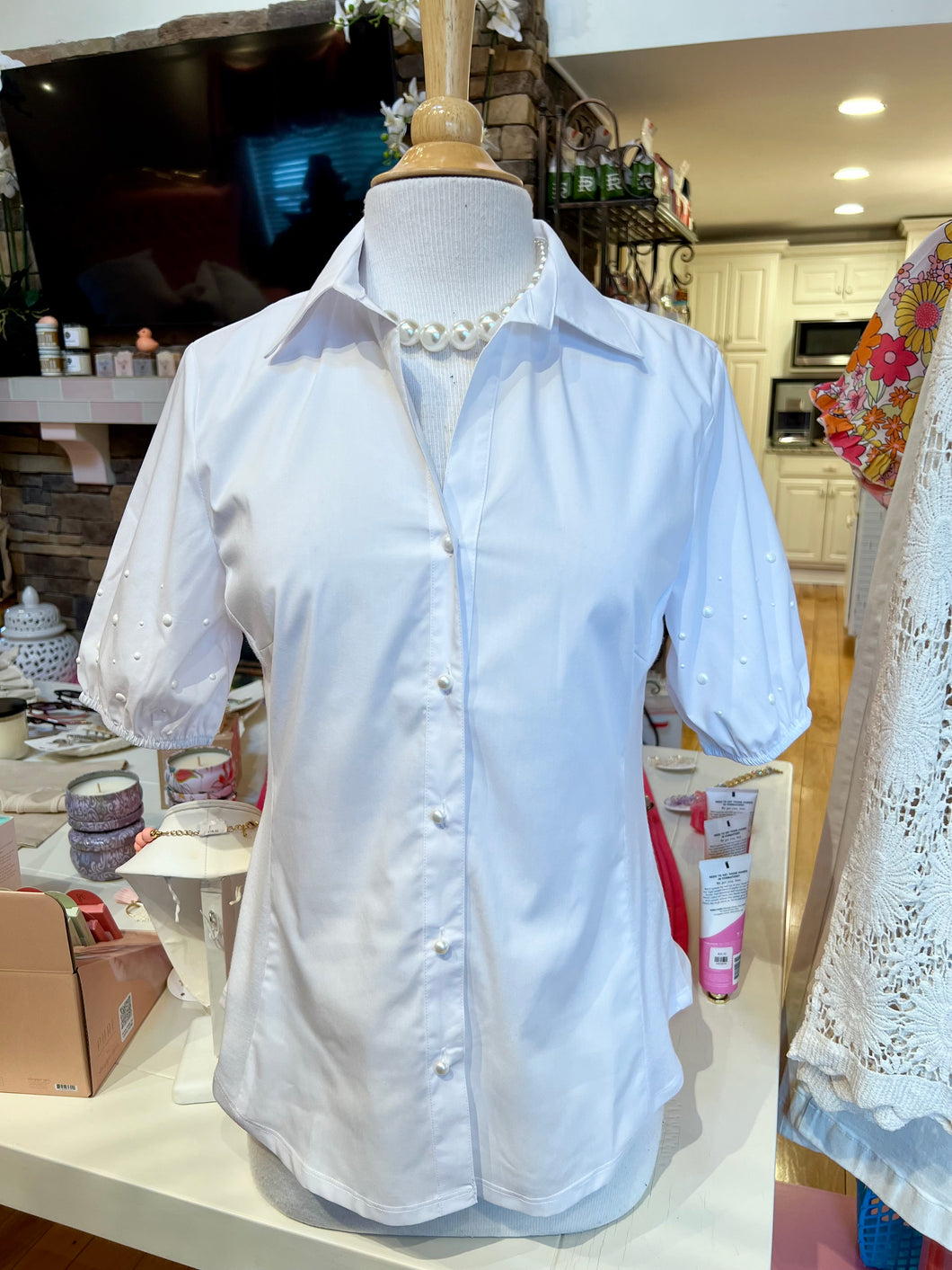 White Pearl Button Top w/Pearl Sleeve Detail