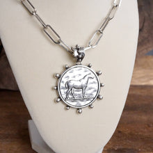 Load image into Gallery viewer, Equestrian Western Horse Coin Statement Necklace Set – Worn Silver Tone

