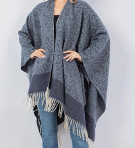 Blue Leopard Knit Poncho