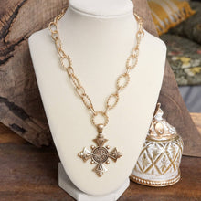 Load image into Gallery viewer, Decorative Cross Statement Necklace – Worn Gold Tone
