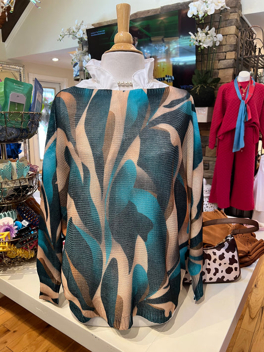 Teal + Leaves Printed Sweater