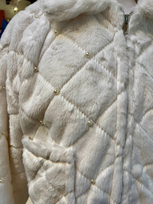 Ivory Faux Fur Jacket w/Pearl Detail
