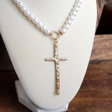 Load image into Gallery viewer, Primitive Cross Necklace Gold Pearl Beads
