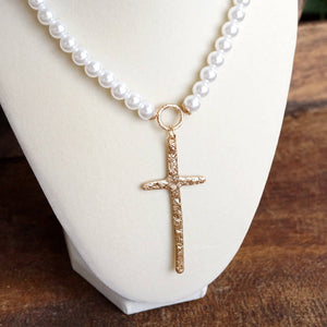 Primitive Cross Necklace Gold Pearl Beads
