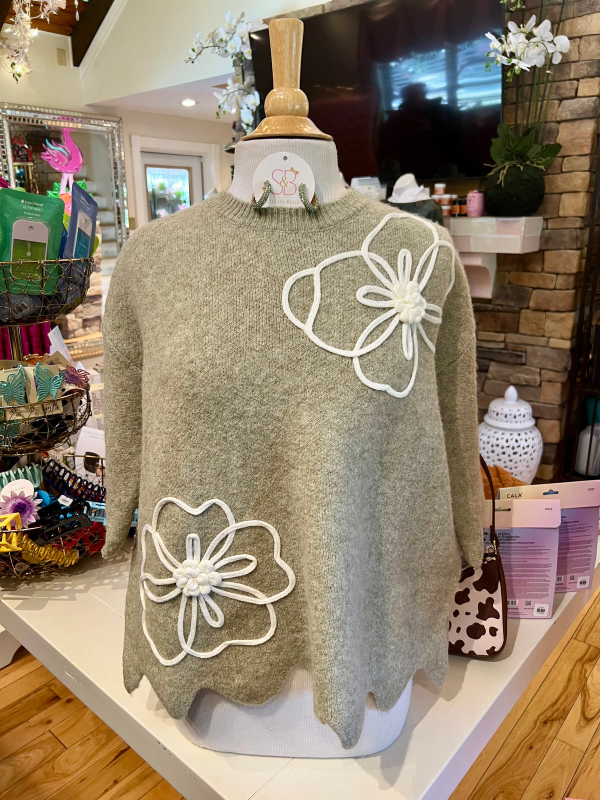 Olive Relaxed Fit Sweater w/Flower