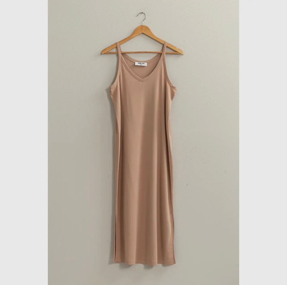 Tan V-Neck Midi Dress
