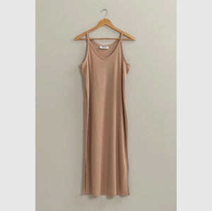Tan V-Neck Midi Dress