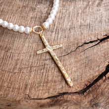 Load image into Gallery viewer, Primitive Cross Necklace Gold Pearl Beads
