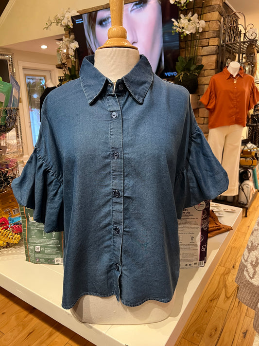 Medium Wash Denim Puff Sleeve Shirt