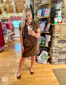 Brown Corduroy V-Neck Dress