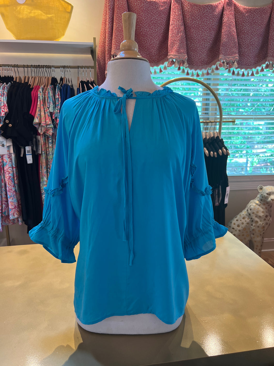 Turquoise V-Neck Ruffle Sleeve Top