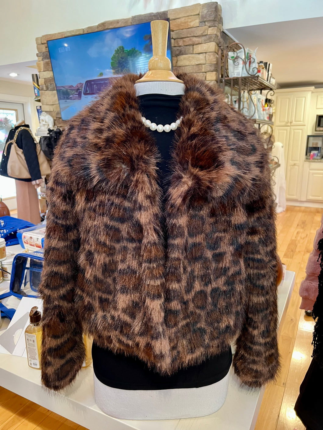 Animal Print Faux Fur Cropped Jacket