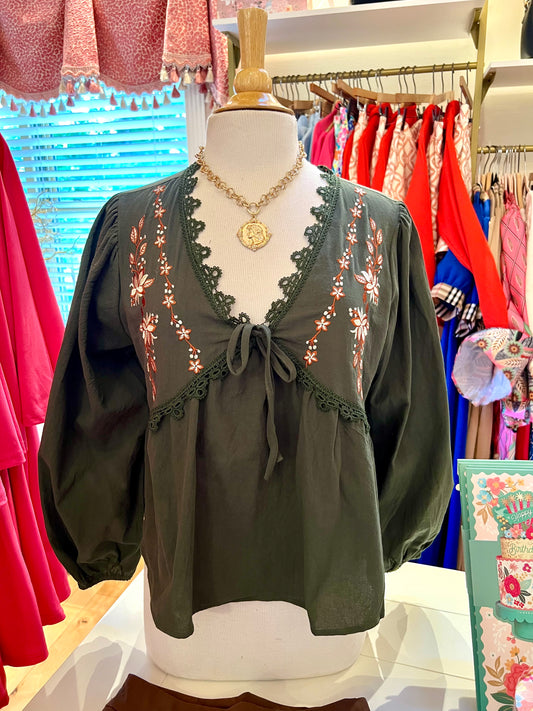 Olive Crochet Lace Trim Top