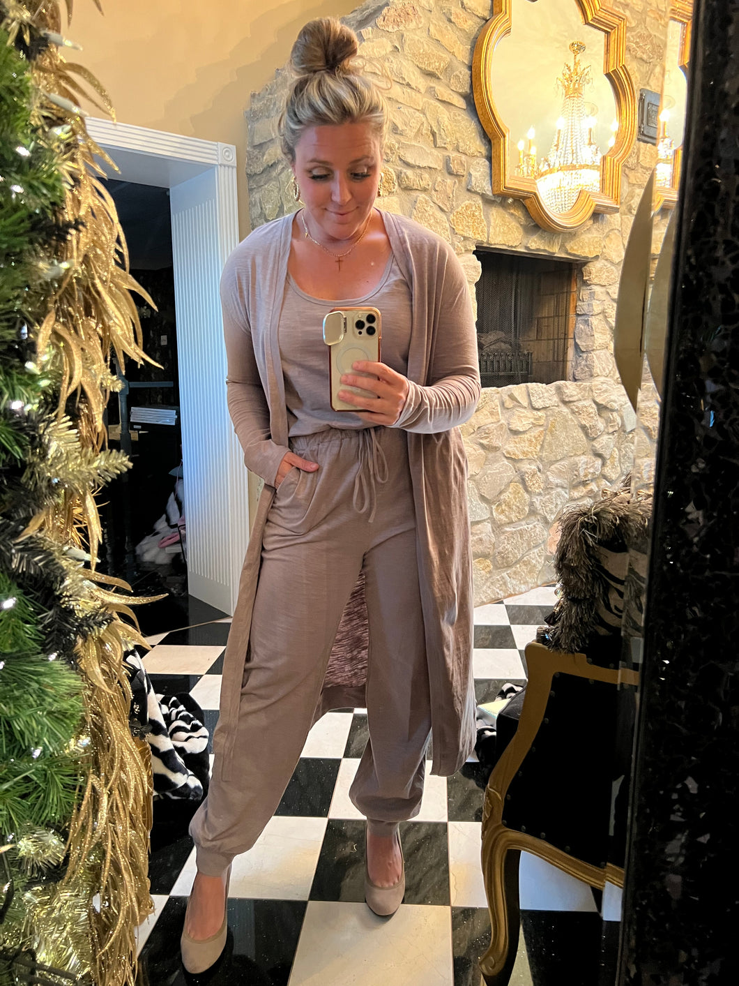 Mocha Jumpsuit & Cardigan Set