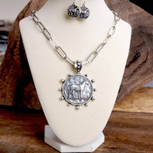 Load image into Gallery viewer, Equestrian Western Horse Coin Statement Necklace Set – Worn Silver Tone
