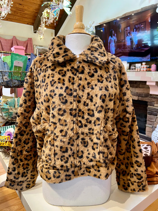 Brown Leopard Print Faux Fur Jacket