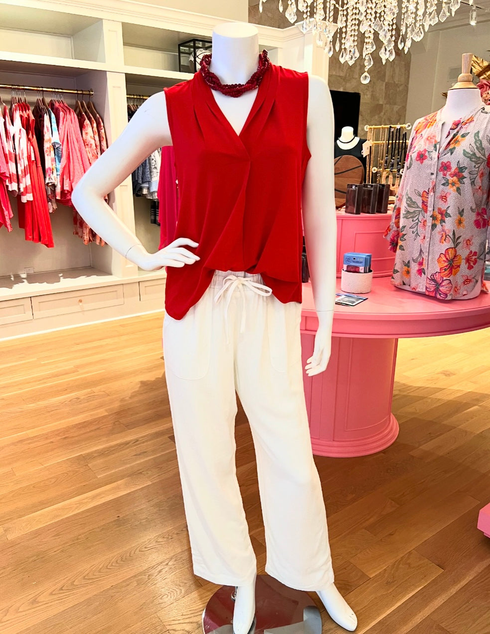 Red Crepe Pleat Tank