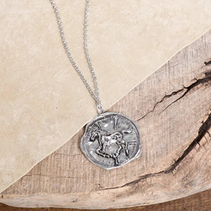 Equestrian Horse Coin Long Necklace Worn Silver