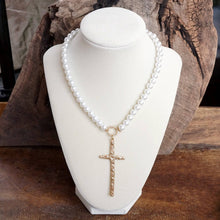 Load image into Gallery viewer, Primitive Cross Necklace Gold Pearl Beads

