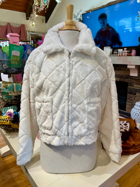 Ivory Faux Fur Jacket w/Pearl Detail