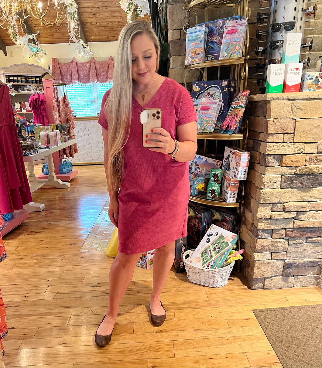 Pink Corduroy V-Neck Dress