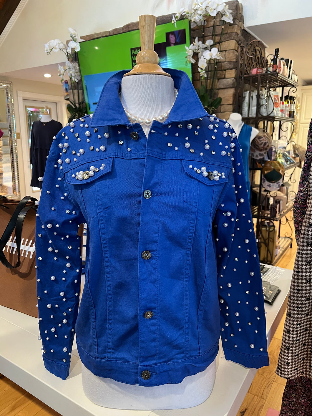 Royal Blue Pearl & Rhinestone Denim Jacket