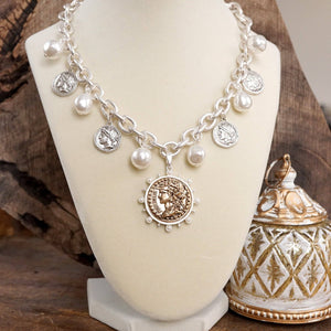 Boho Coin and Pearl Charms Statement Necklace – Silver Tone