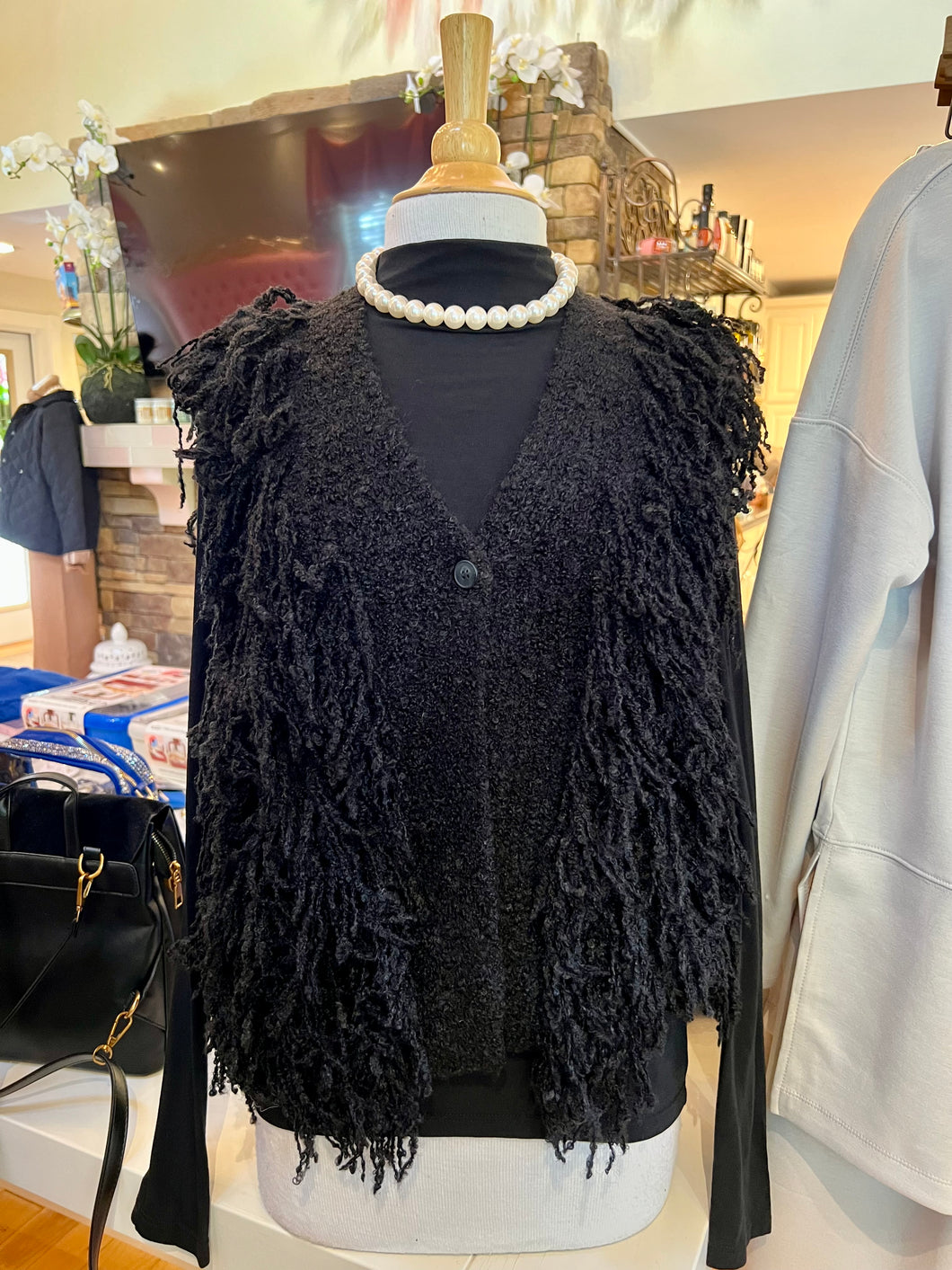 Black Knit Fringed Sweater Vest