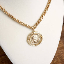 Load image into Gallery viewer, Framed Coin Necklace with Worn Gold-Tone Wheat Chain

