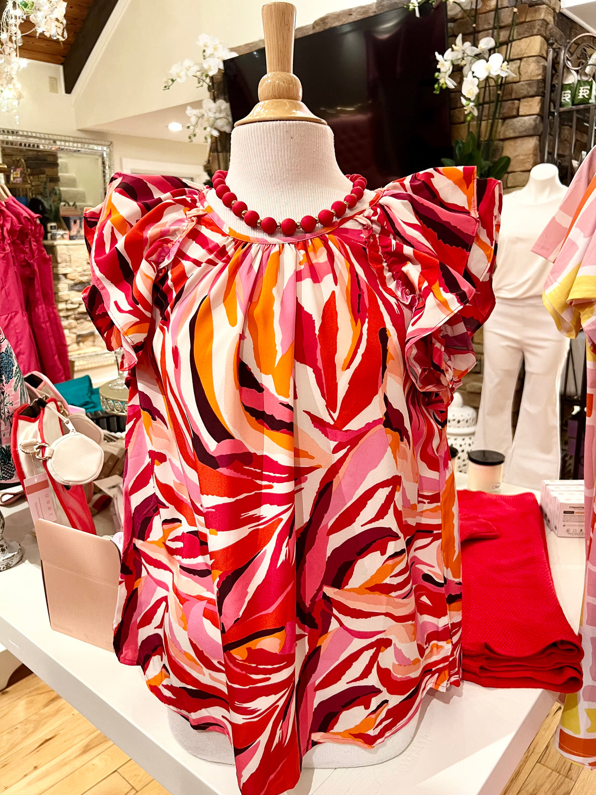 Red Mix Top w/Ruffle Sleeve