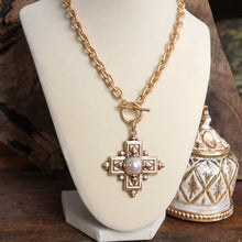 Load image into Gallery viewer, Decorative Cross Necklace Worn Gold Tone Front Toggle and Pearl
