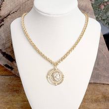 Load image into Gallery viewer, Framed Coin Necklace with Worn Gold-Tone Wheat Chain
